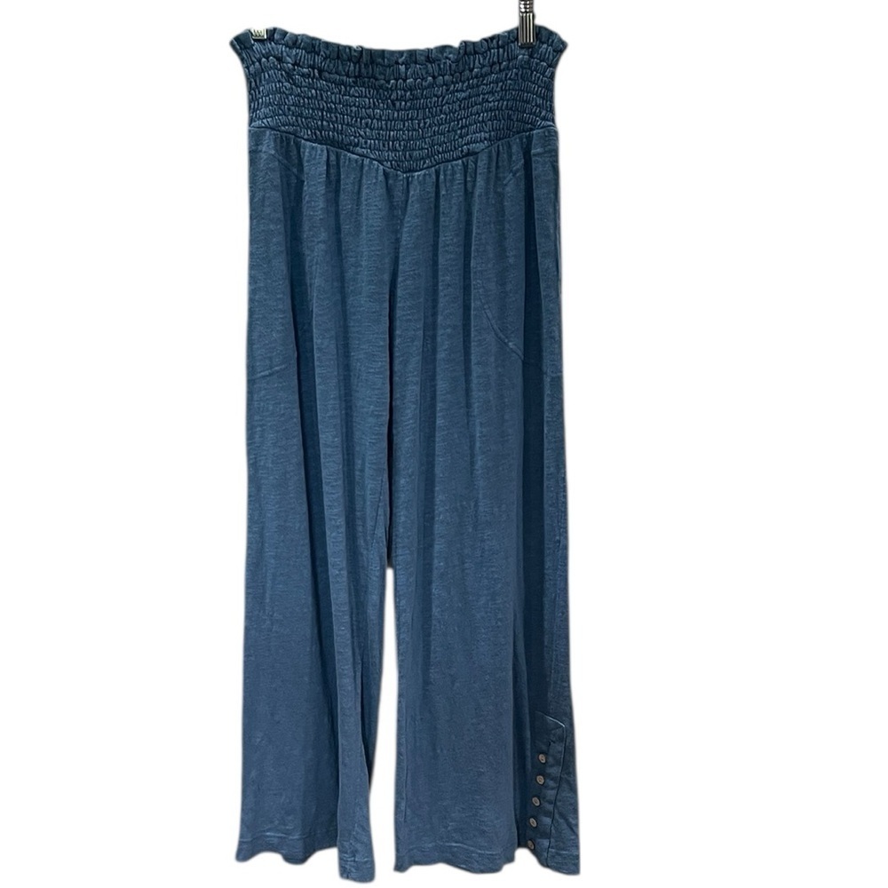 Free People Beach Wide Leg Stretch Pants High Smocked Elastic Waist SZ S Blue